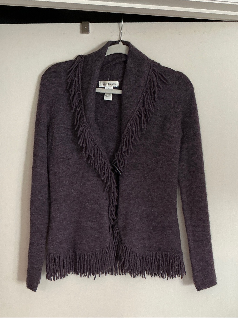 Susan Bristol Deep Plum Fringe Shawl-Collar Cardigan